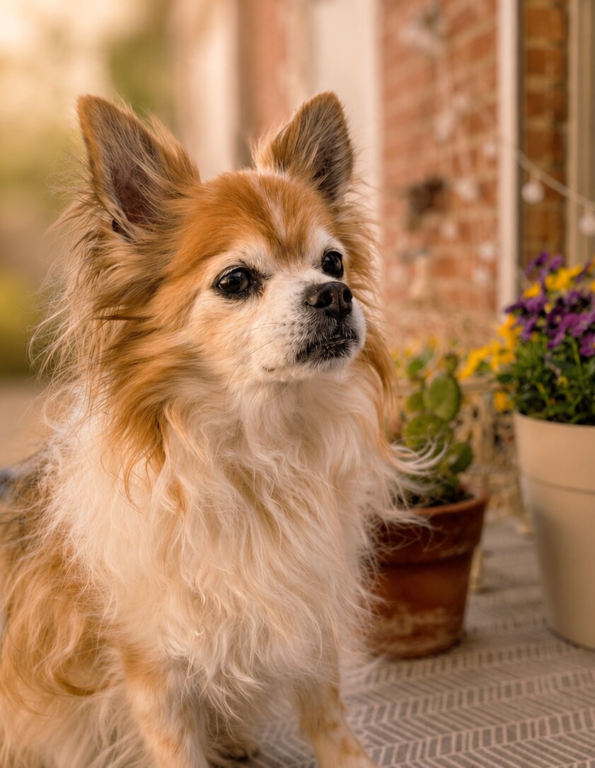 Milo, een senior chihuahua met een lichte, golvende vacht